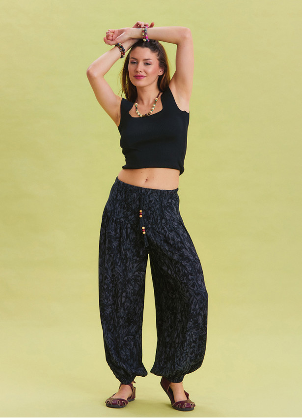 Elastic Waist Lace Detailed Anthracite Viscose Trousers 4539